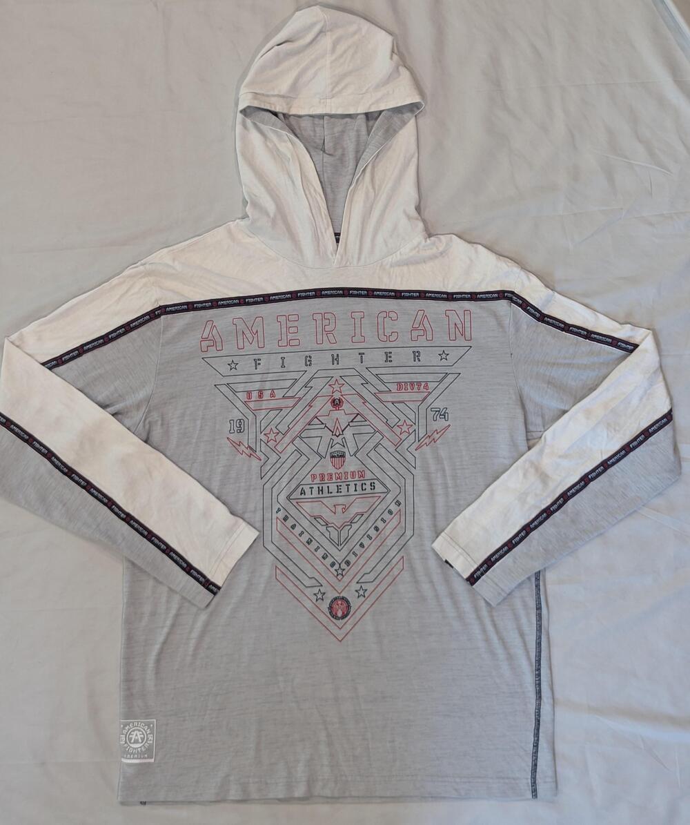 American Fighter Shirt Mens XL Gray Hooded Long Sleeve Athletic Graphic Tee